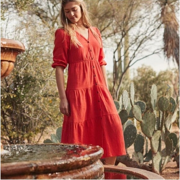 Marine Layer Willow Tiered Button-Up Midi Dress in Red - Picture 3 of 16